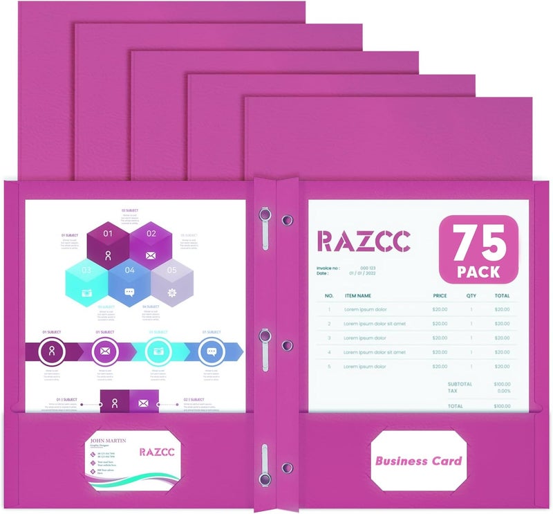 RAZCC Two Pocket Folders, 75 Pack Two Pocket Folders with Prongs, 3 Prong Folders Fit Letter Size Paper, Pocket File Folders for School Office Home Business, Rose Purple - Image 1
